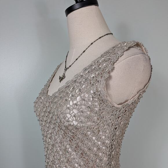 Carmen Marc Valvo Crochet Mini Cocktail Dress M Gold Tan Bead Boho Retro Glam - Picture 6 of 10